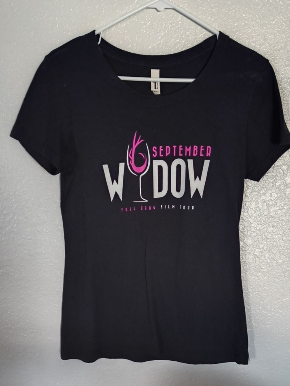 Black September Widow Graphic Tee with Pink Accent, Full Draw